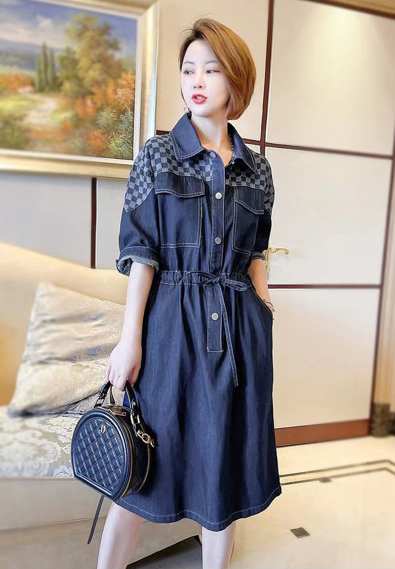 ĐẦM JEAN DENIM DÁNG XÒE CỔ SƠ MI PHỐI CARO